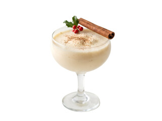 Fototapeta premium Creamy eggnog cocktail in a stemmed glass, decorated with cinnamon stick and berries, signifying festive holidays, warmth, and delicious indulgence, isolated on transparent background