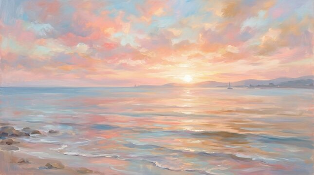 Abstract mosaic of a vibrant sunset over the ocean with blurred beach details