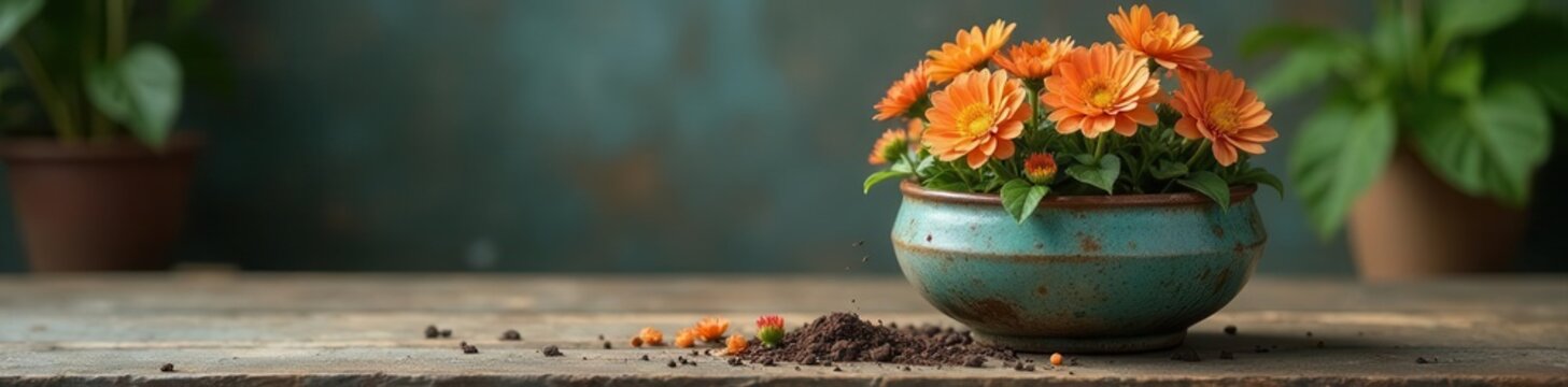 Trailing Senecio rowleyanus spills from ceramic pot, ample copy space , garden, still life, plant pot