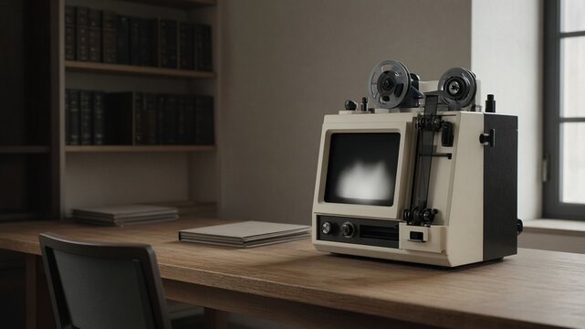 Microfilm reader glowing in archive corner