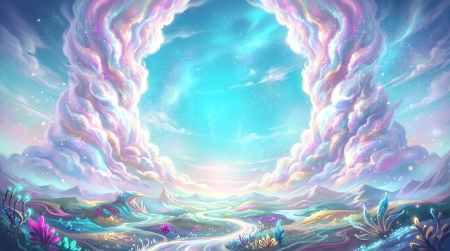 Magical portal to another world with glowing light and swirling clouds