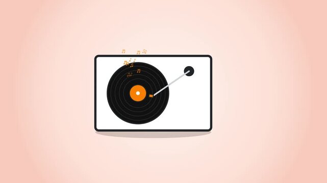 Minimalist 2D flat animation of a vintage vinyl turntable record player spinning a black disc with orange music notes floating upwards, representing retro analog sound, melody, and lo-fi vibes.