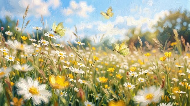 Vibrant wildflowers bloom in a sunlit meadow under a beautiful summer sky