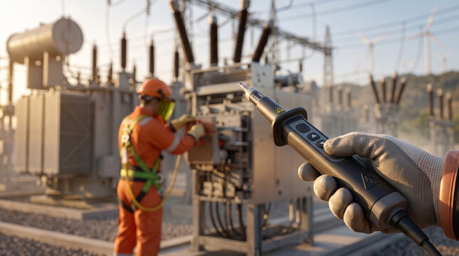 Electrical technician using a voltage tester at a power substation with a colleague in the background