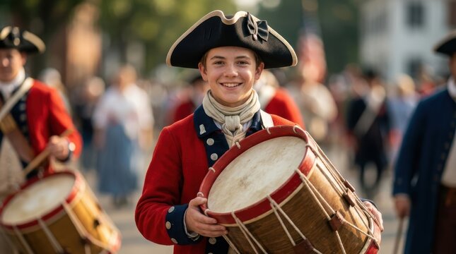Young smiling soldier wearing a historic colonial red uniform and black tricorne hat playing a wooden snare drum during a public parade celebration outdoors in the city