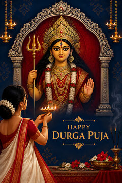 Devotional bengali woman performing aarti before goddess durga idol during durga puja festival with temple lamps flowers and navratri spiritual celebration scene
