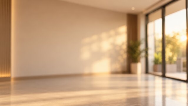 Bright sunlit spacious empty room interior with large window