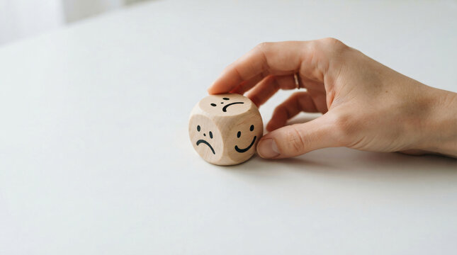 Minimalist psychology assessment concept photo hand turning small wooden toy cube switch from sad face expression icon happy smile emoticon symbol clean white desktop backdrop scene