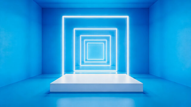 A minimalist 3D render of a blue interior space with nested neon square frames and a white display platform, ideal for product showcases.