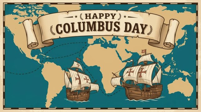 Happy columbus day greeting card design with vintage sailing ships and a decorative scroll banner over a world map background for celebration and historical events