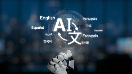 A futuristic robot hand holds a glowing globe surrounded by various languages, representing the connection between artificial intelligence and global communication. Synapse © InfiniteFlow