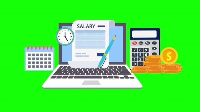 Salary and Payroll Finance Concept with Laptop, Calculator, Coins, Calendar and Clock for Employee Income and Budget Management