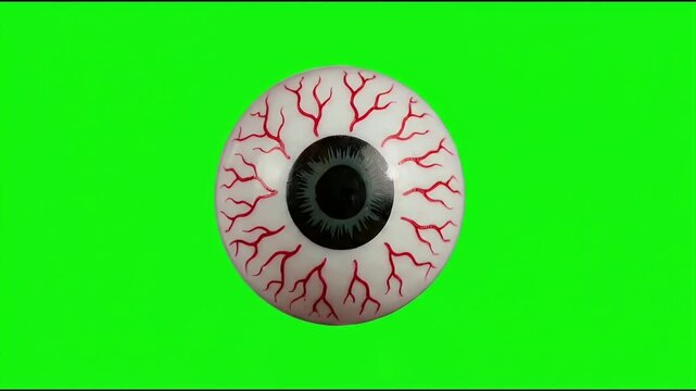 Realistic 4K Bloodshot Eyeball with Red Veins Rotating and Staring on a Green Screen Background for Horror Movie Compositing