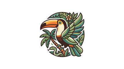 Fototapeta premium Colorful toucan perched on branch within tropical leaf circle.