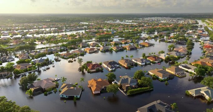 Hurricane Debby flooded homes in Laurel Meadows residential community in Sarasota, Florida. Aftermath of natural disaster.