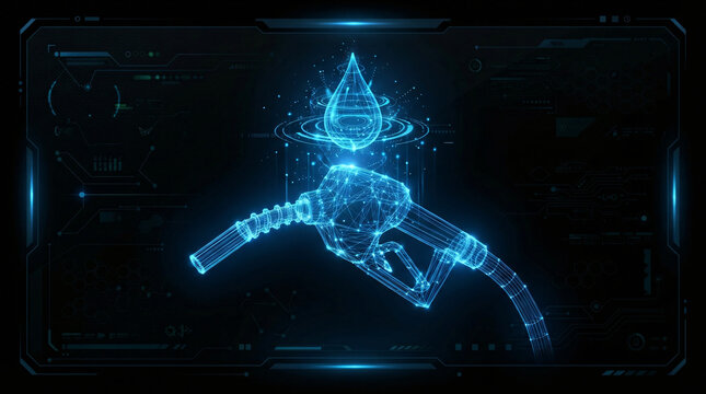 Abstract green energy fuel station terminal interface displaying modern glowing blue digital wireframe hologram gas pump nozzle drop vector illustration layout black background scene