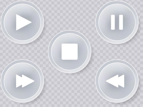 Set of five media player control buttons with play, pause, stop, fast forward, and rewind icons