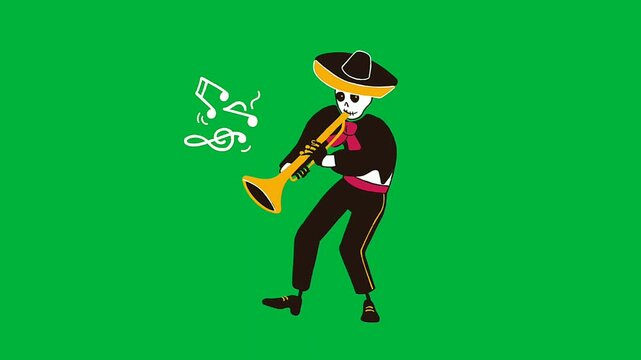 day of the dead character, skeleton mariachi musician, playing character animation, isolated on green screen 4k 