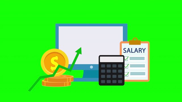 Salary growth and income increase concept with rising arrow, money coins, computer monitor, calculator and payroll document