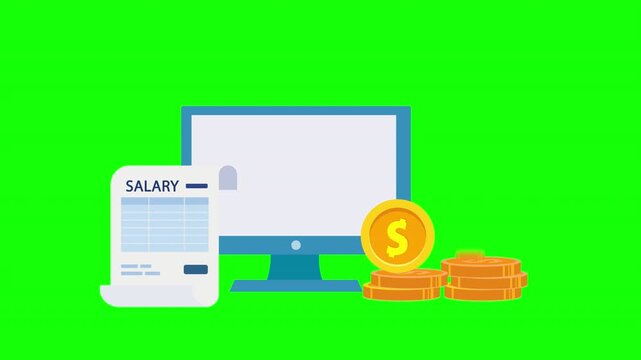 Salary management concept with computer monitor, payroll document, calendar, gear and money coins for finance and payroll administration
