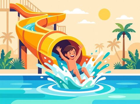 Kid splashing down water slide into pool