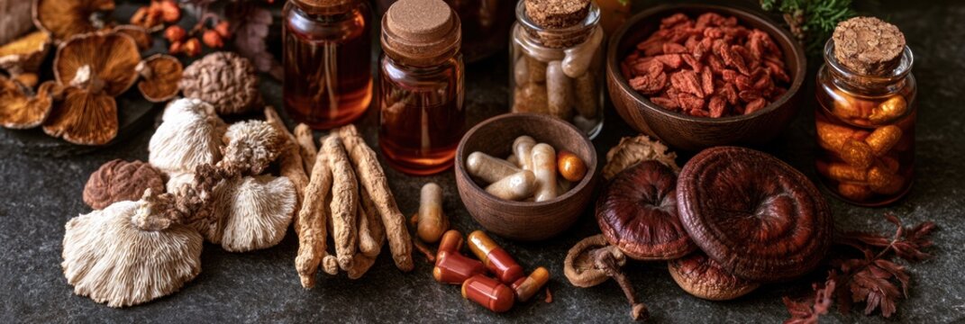 Various adaptogenic supplements are arranged on a dark slate background, featuring mushrooms and herbs in warm amber and earthy tones.