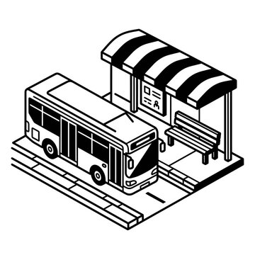 Minimalist Isometric Black and White of a Bus Stop with Shelter and Bus with high quality professional line art symbols for modern creative design and digital branding projects