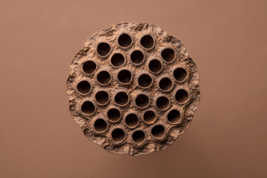 Dried brown lotus seed pod isolated on a matching brown background