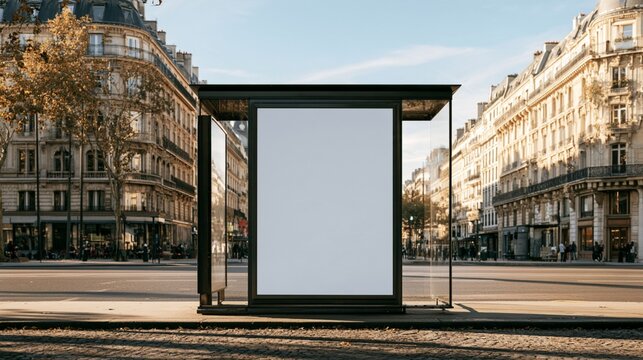 Blank Vertical Advertising Billboard at Parisian Bus Shelter