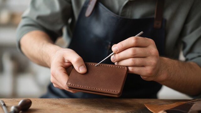Leatherworker stitching wallet with awl