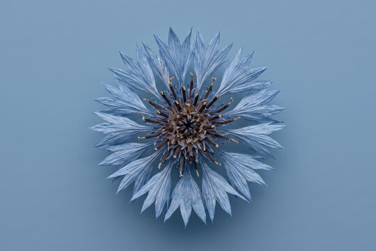 Blue cornflower head isolated on a pastel blue background