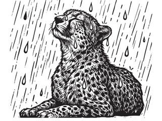 Vintage cheetah illustration in the rain, hand drawn wild cat engraving, black and white leopard sketch, safari animal vector art for apparel © হরি চাঁদের চাঁদ
