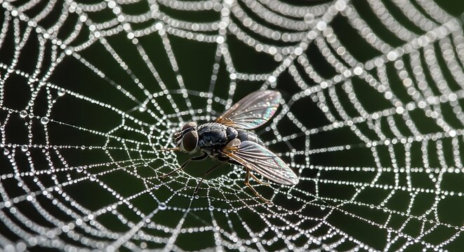 Housefly trapped in a dew covered spider web in a natural outdoor setting