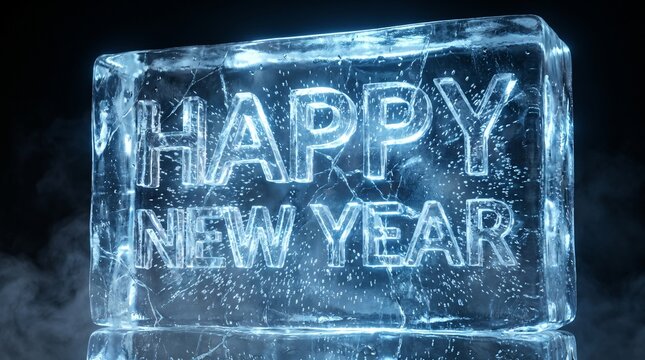Frozen text reading happy new year within a clear ice block