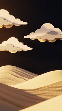 Serene animated desert landscape with rolling dunes and stylized clouds at night.