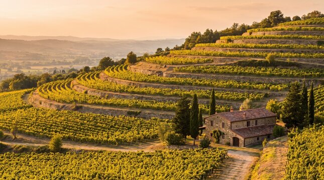 Terraced vineyard climbs a hillside under a golden evening light