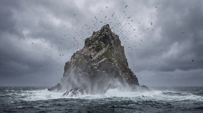 Seabirds circle a rugged sea stack surrounded by turbulent ocean waves