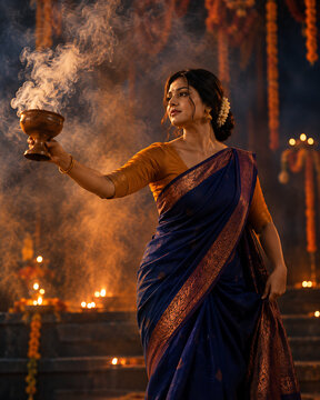 Devotional woman in blue saree holding smoking ritual vessel during durga puja and navratri worship inside temple with lamps and marigold garlands
