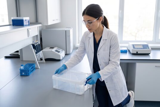 A scientist in a lab coat carefully handling a transparent container in a modern laboratory environment.