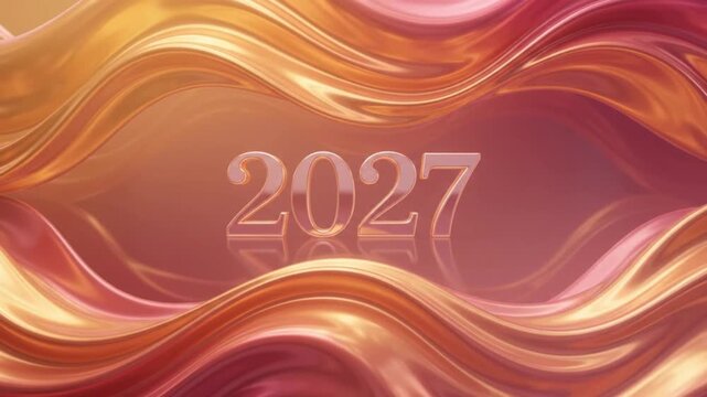 Happy New Year 2027 Glass Numbers Framed by Elegant Rose Gold Fluid Liquid Waves and Metallic Silk Swirls   