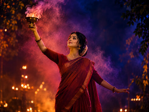 Traditional woman in red saree lifting flaming ritual lamp through colorful smoke during durga puja and navratri celebration with glowing temple lights