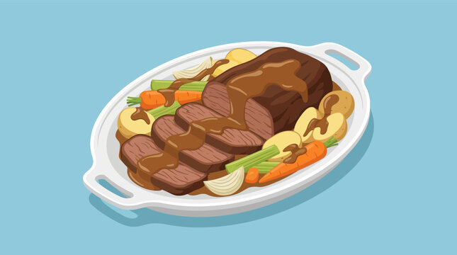 Isometric vector illustration of a sliced roast beef dinner platter with thick brown gravy, roasted carrots, celery stalks, onions, and whole potatoes on a white ceramic dish.