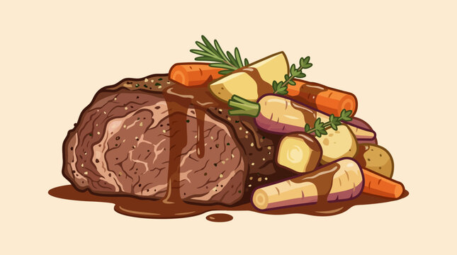 Side view vector illustration of a juicy roasted beef pot roast drizzled with savory brown gravy sauce, served with roasted carrots, parsnips, potatoes, and fresh rosemary herbs.