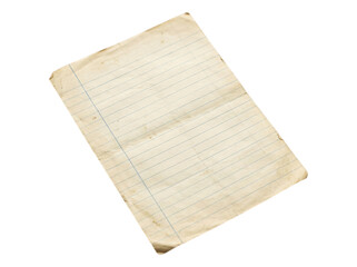 Old angled notebook paper sheet with stains and blue lines isolated on a transparent background © PONA