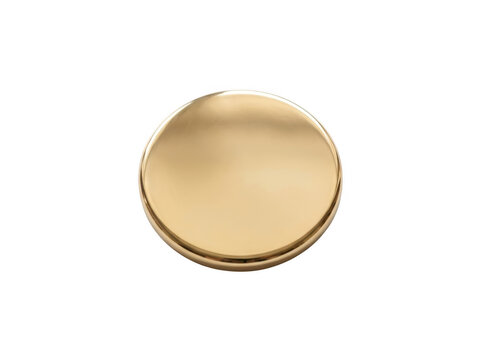 Gold-colored circular button or disc with reflective surface on a plain backdrop.