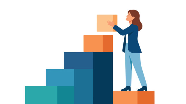 A businesswoman places a block onto a rising stair chart to build her path toward career growth and success.