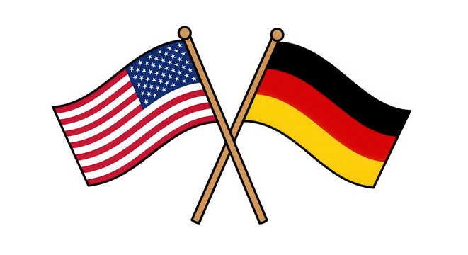 Us and germany flags crossed on poles isolated on transparent background