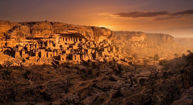 Dogon cliff dwellings carved into sandstone escarpment at sunset, Mali