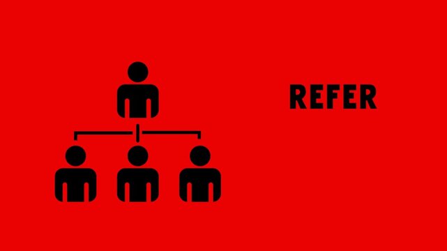 Refer Friends Earn Money Concept with Black Network Marketing Hierarchy Icon on Red Background for Referral Program