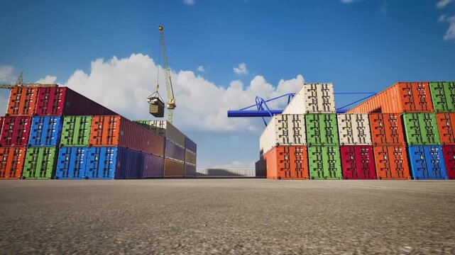 Stacked intermodal cargo containers with crane background. International trade transport concept. 3d animation.